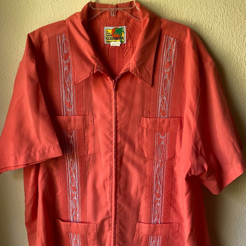 Haband Guayabera Men's Orange Peach Cuban Cigar Zip Top Shirt Size 3XL